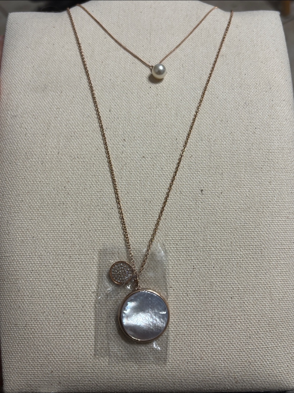 Fossil Women's Rose Gold Layered Pendant Necklace with MOP and Pearl Accent